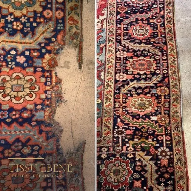 Tapis mité : laine mangée jusqu&rsquo;à la fondation d&rsquo;un côté, zone reprise de l&rsquo;autre
