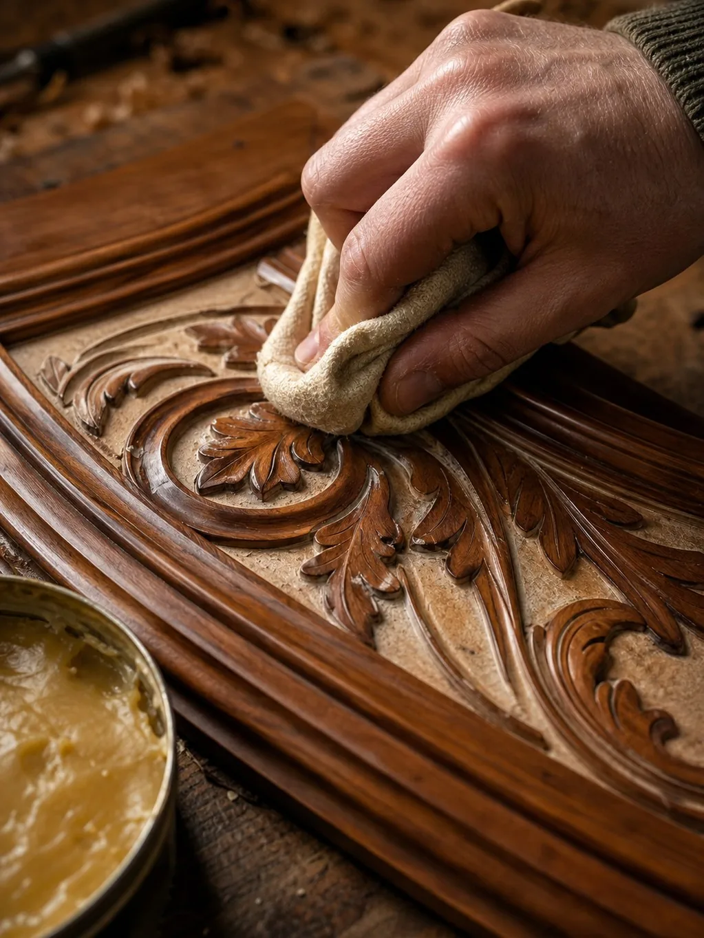 Lustrage à la cire d'abeille d'un panneau sculpté d'armoire ancienne, à l'atelier