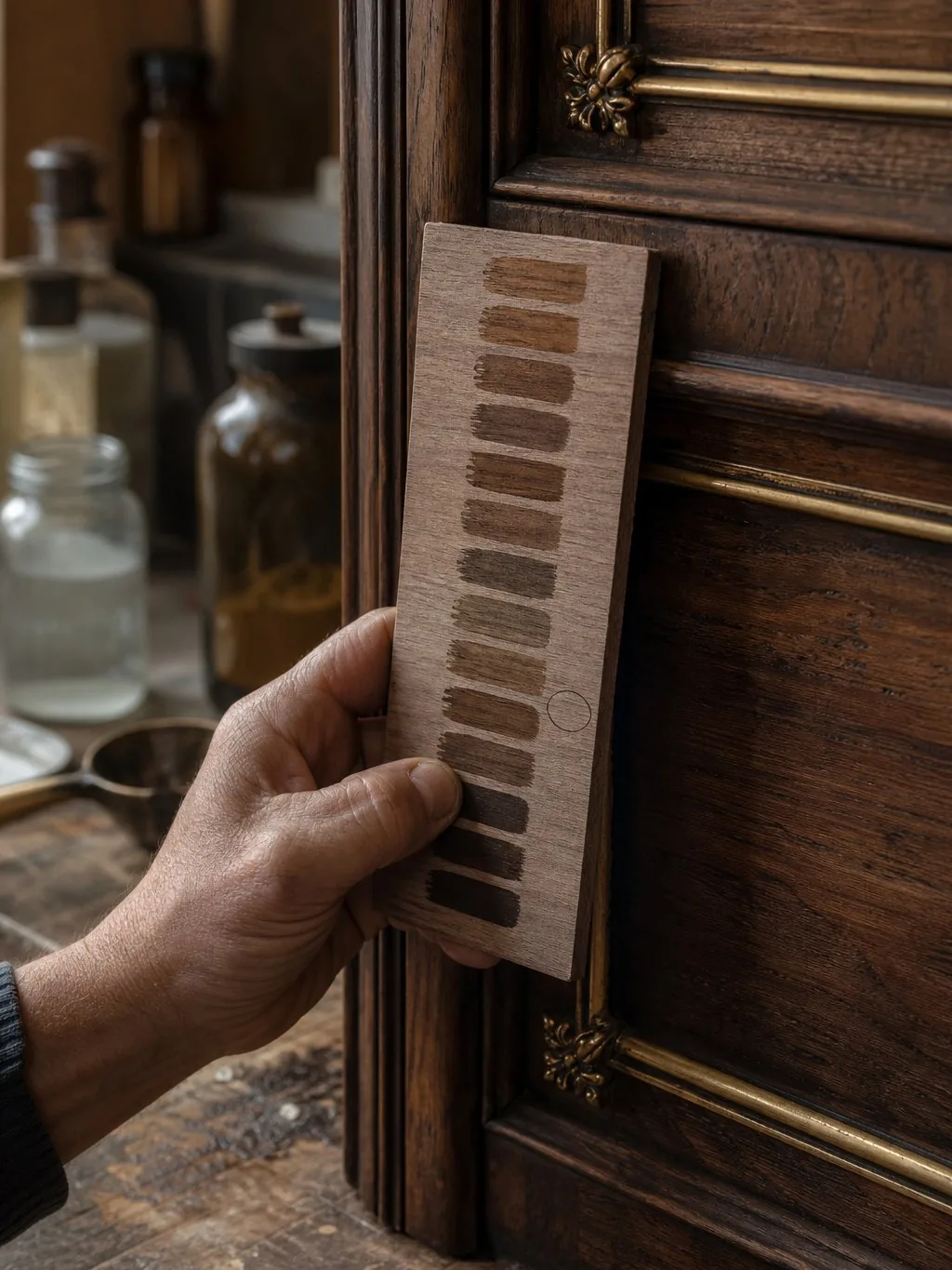Essais de teinte sur chute de noyer, comparés à la porte d'un buffet ancien