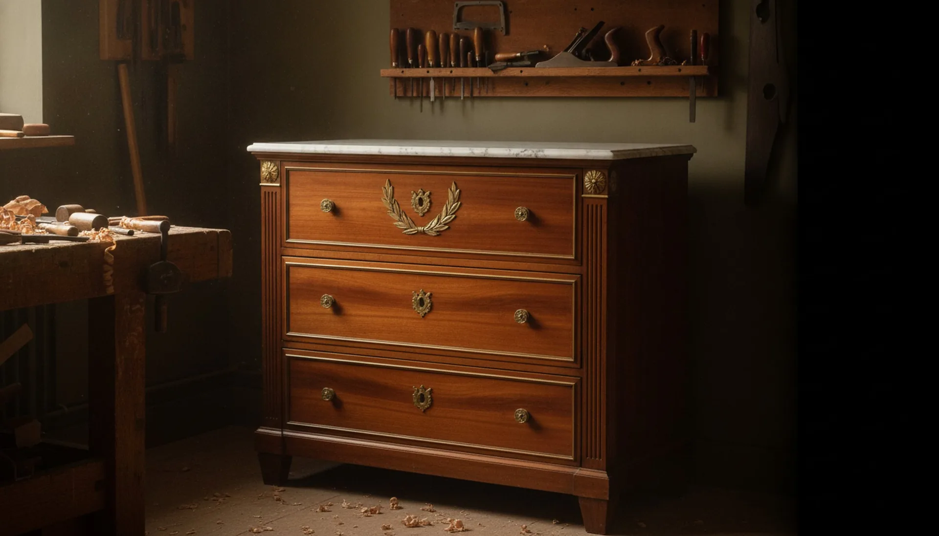 Commode de style Louis XVI en acajou, dessus de marbre blanc et bronzes dorés, devant un établi