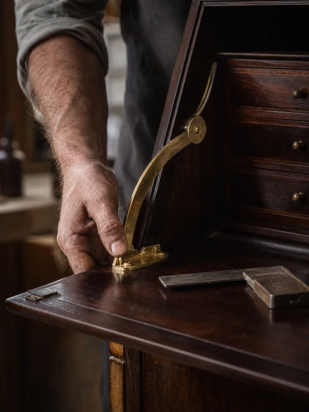 Réglage du compas laiton d'un abattant de secrétaire ancien