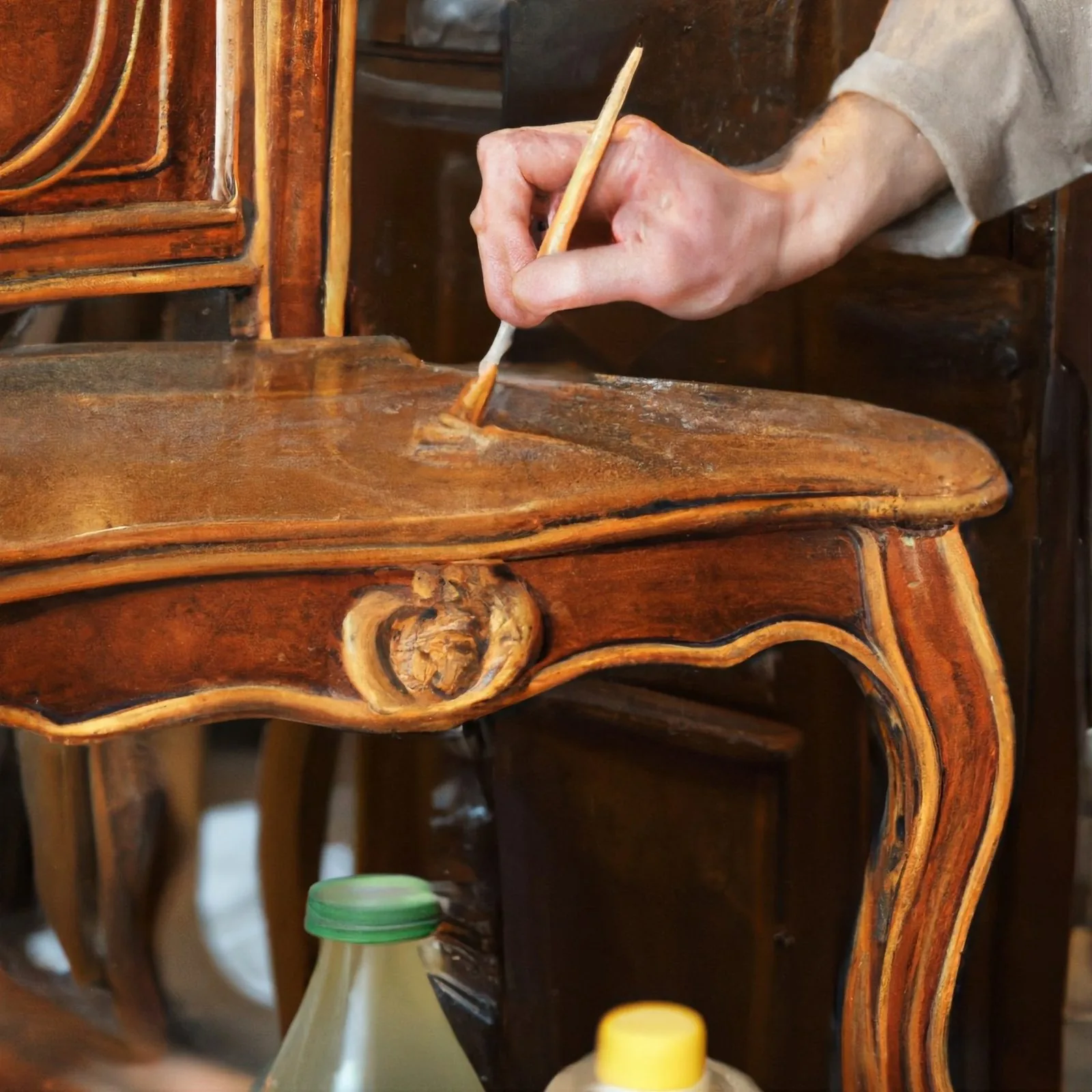 Raccord de teinte sur une table Louis XV marquetée